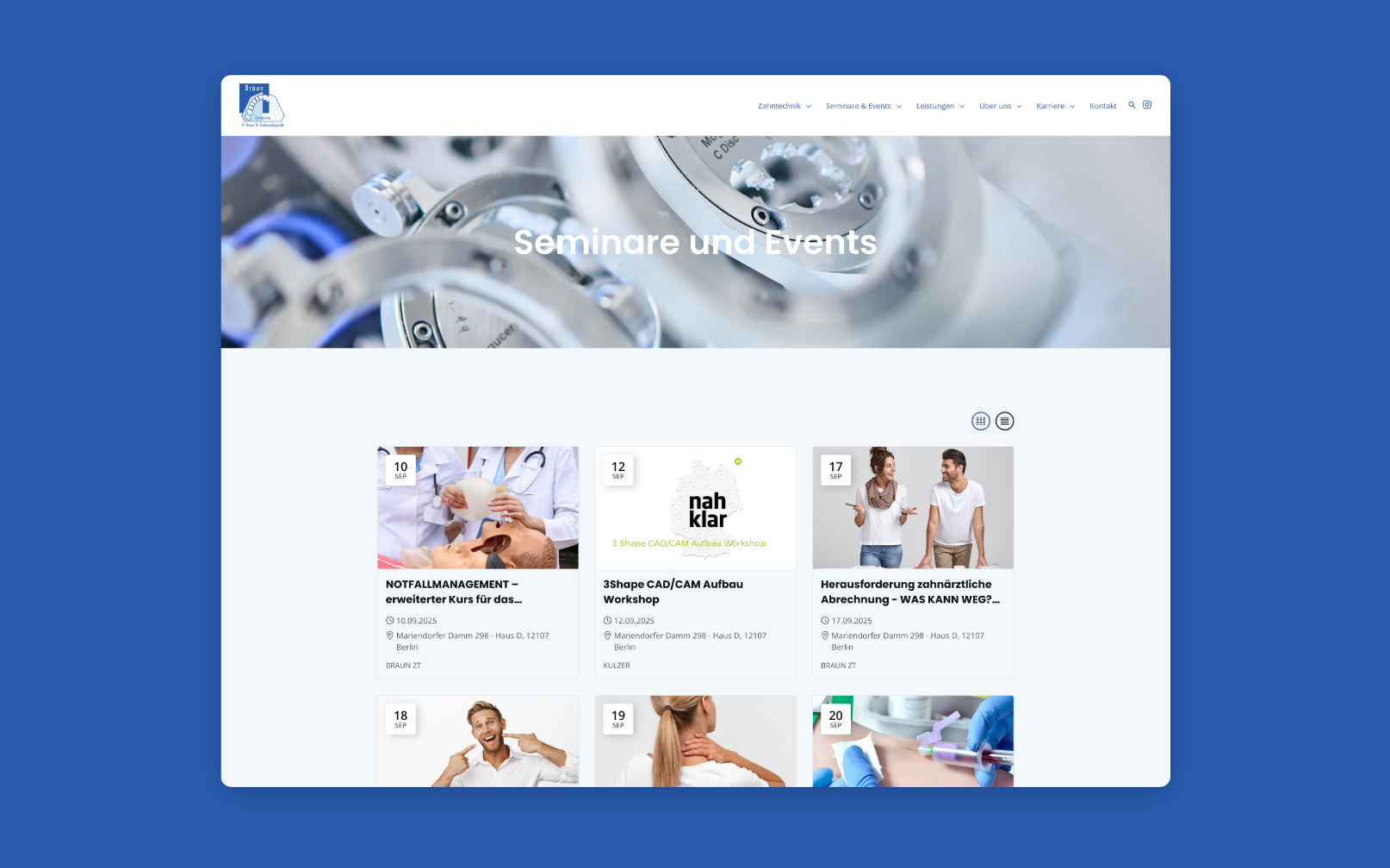 Desktop-Screenshot mit einer Übersicht zu Seminaren und Events von Braun Zahntechnik.