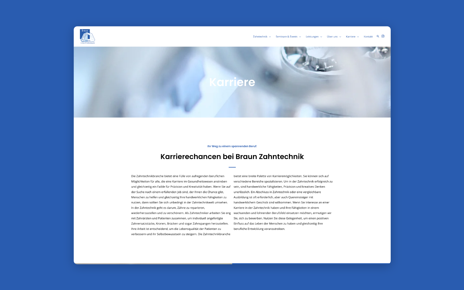 Desktop-Screenshot zum Thema Karriere bei Braun Zahntechnik.