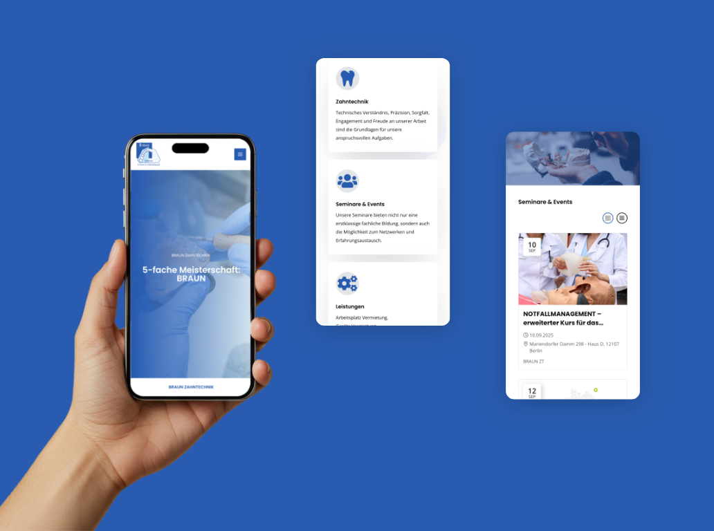 Drei Smartphone-Screenshots der Startseite mit Vorteilen von Braun Zahntechnik.