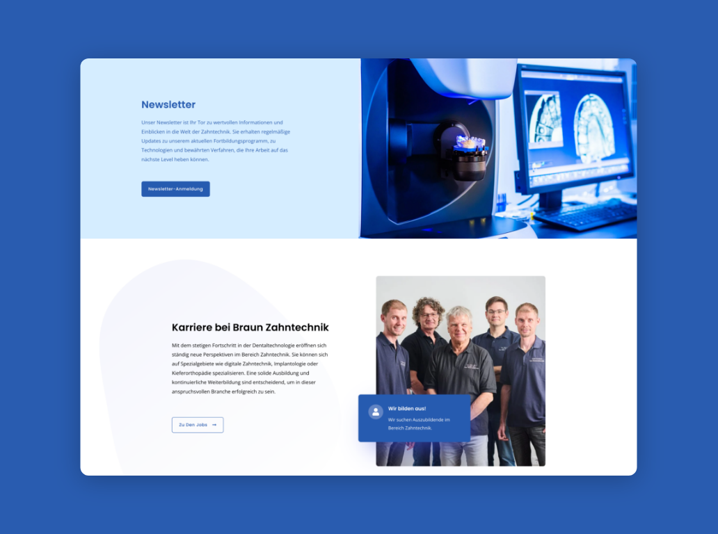 Desktop-Screenshot zum Thema Karriere und Newsletter-Anmeldung bei Braun Zahntechnik.