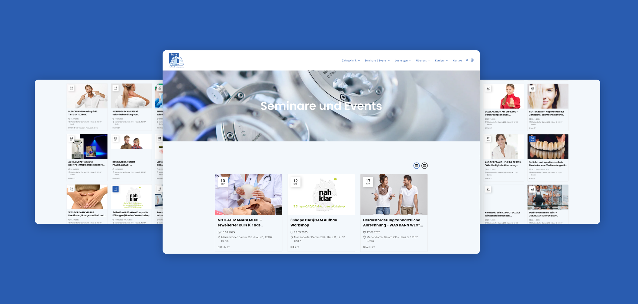 Drei Desktop-Screenshots mit Seminaren und Events von Braun Zahntechnik.
