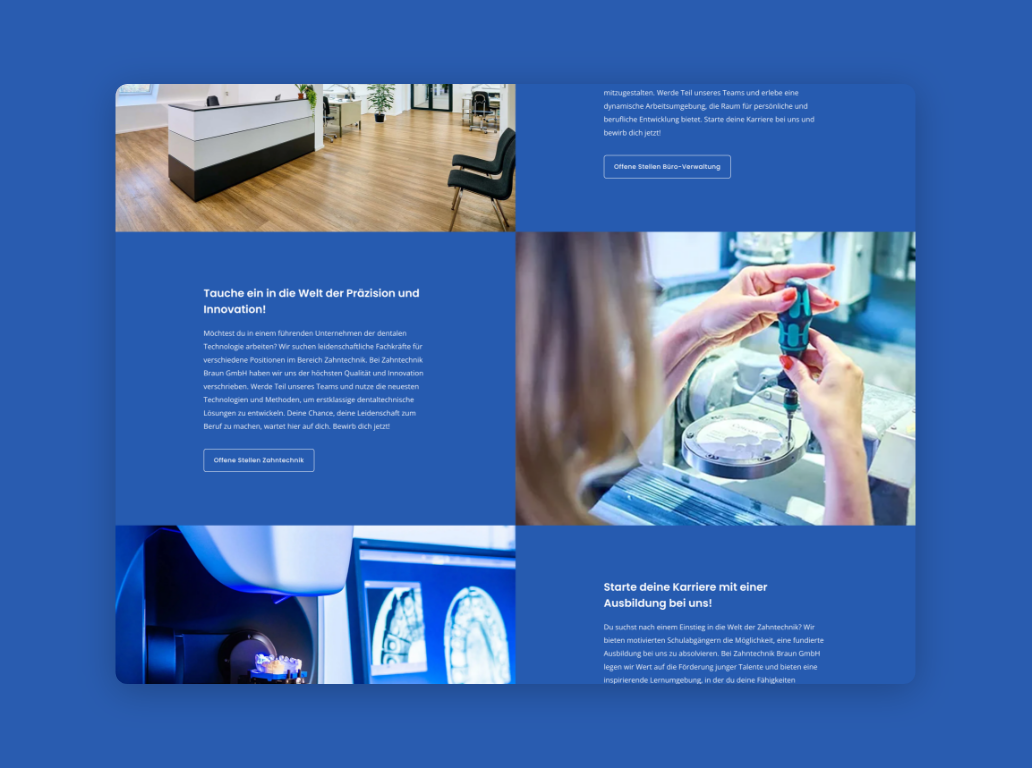 Desktop-Screenshot mit Bild und erklärendem Text zu den Leistungen von Braun Zahntechnik.