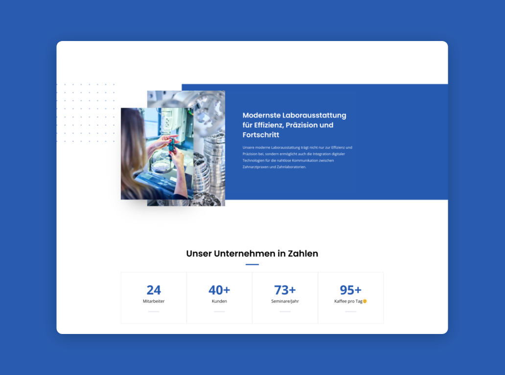 Desktop-Screenshot mit Unternehmenskennzahlen und einem Teaser zu den Leistungen von Braun Zahntechnik.