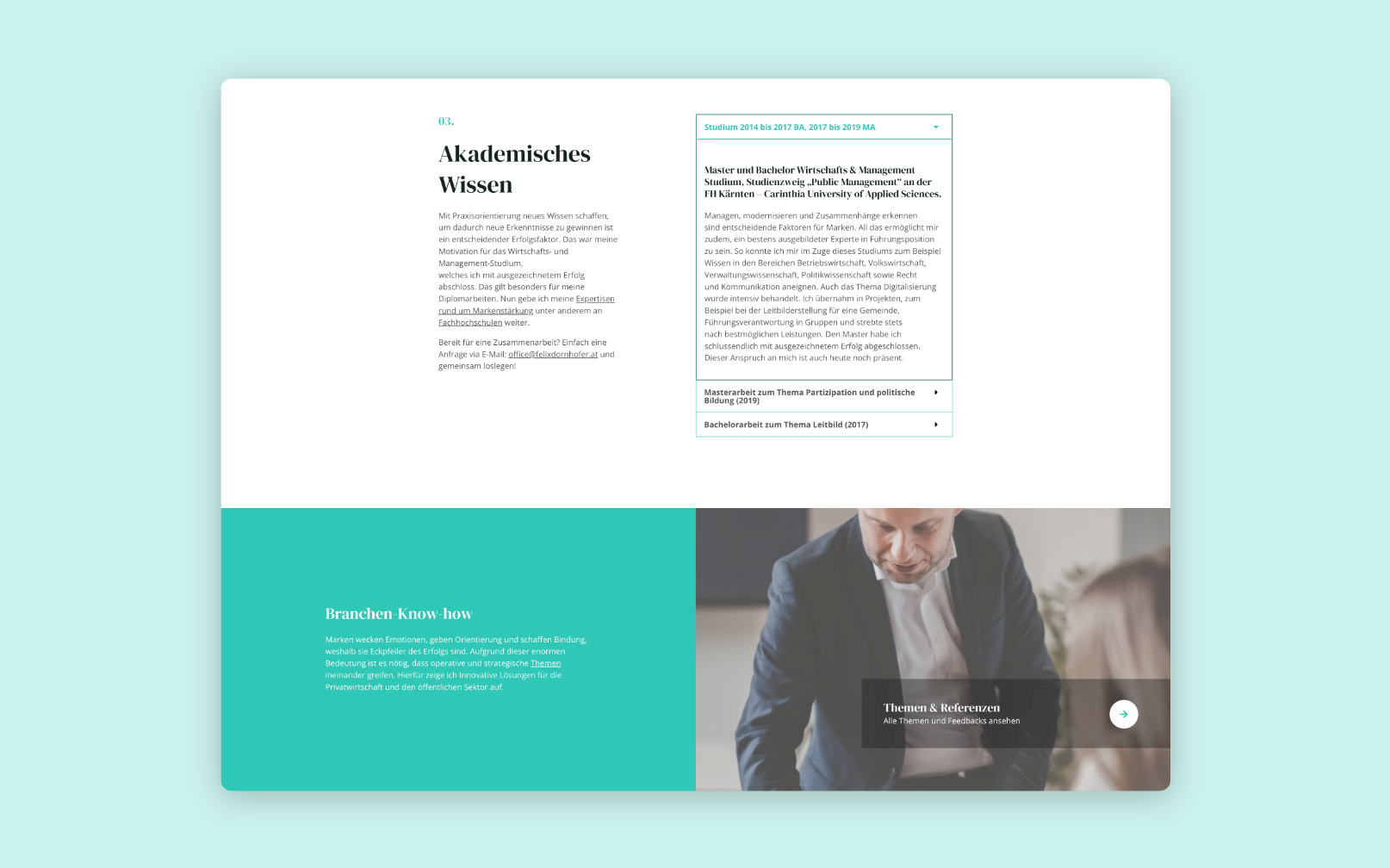 Desktop-Screenshot mit den Vorteilen und Mehrwerten der Zusammenarbeit mit Felix Dornhofer.