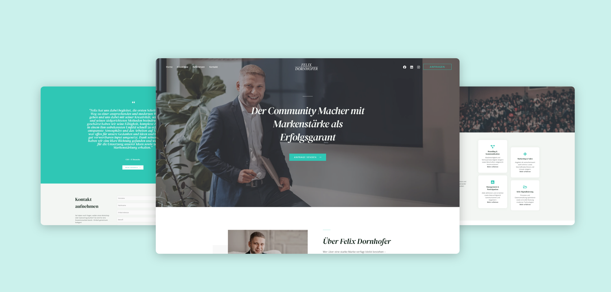 Drei Desktop-Screenshots mit einer Übersicht der Themen und Leistungen von Felix Dornhofer.