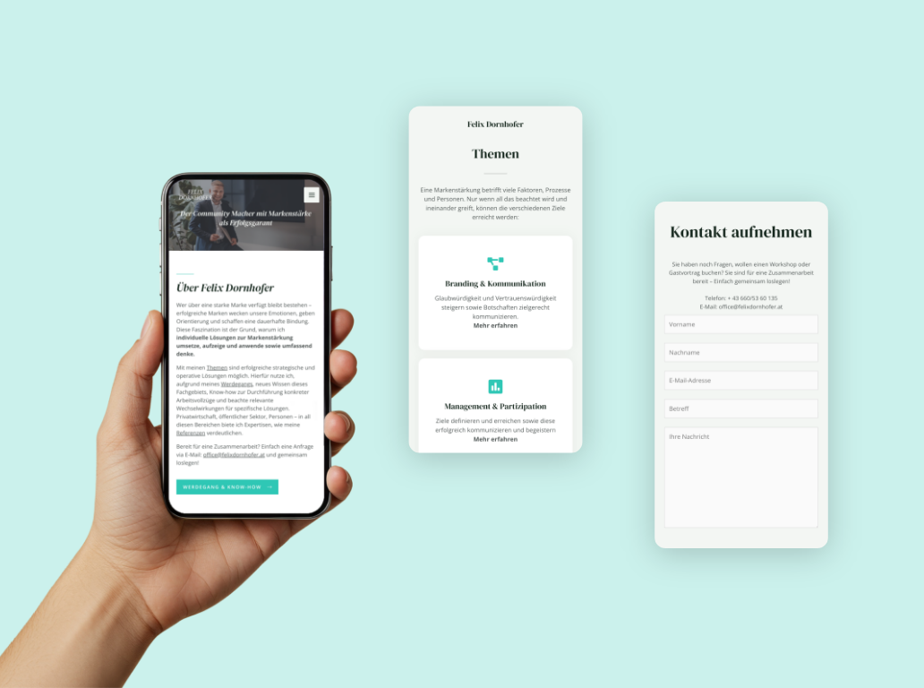 Drei Smartphone-Screenshots der Startseite von Felix Dornhofer.