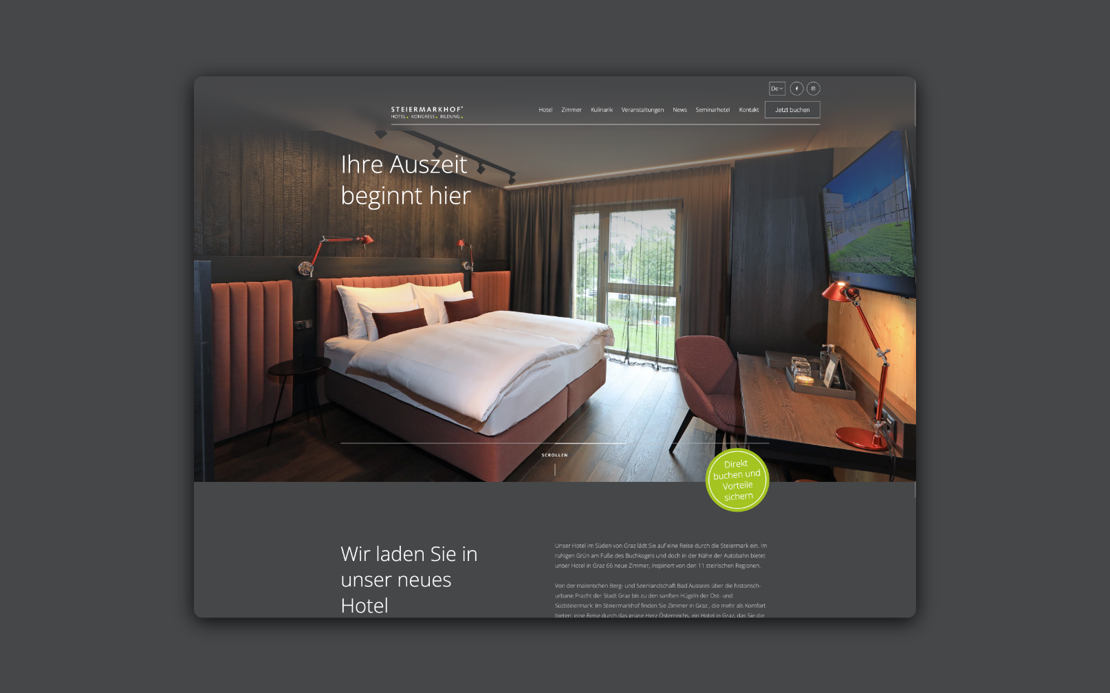 Desktop-Screenshot eines Hotelzimmers in Vollbildansicht mit Zimmerdetails.