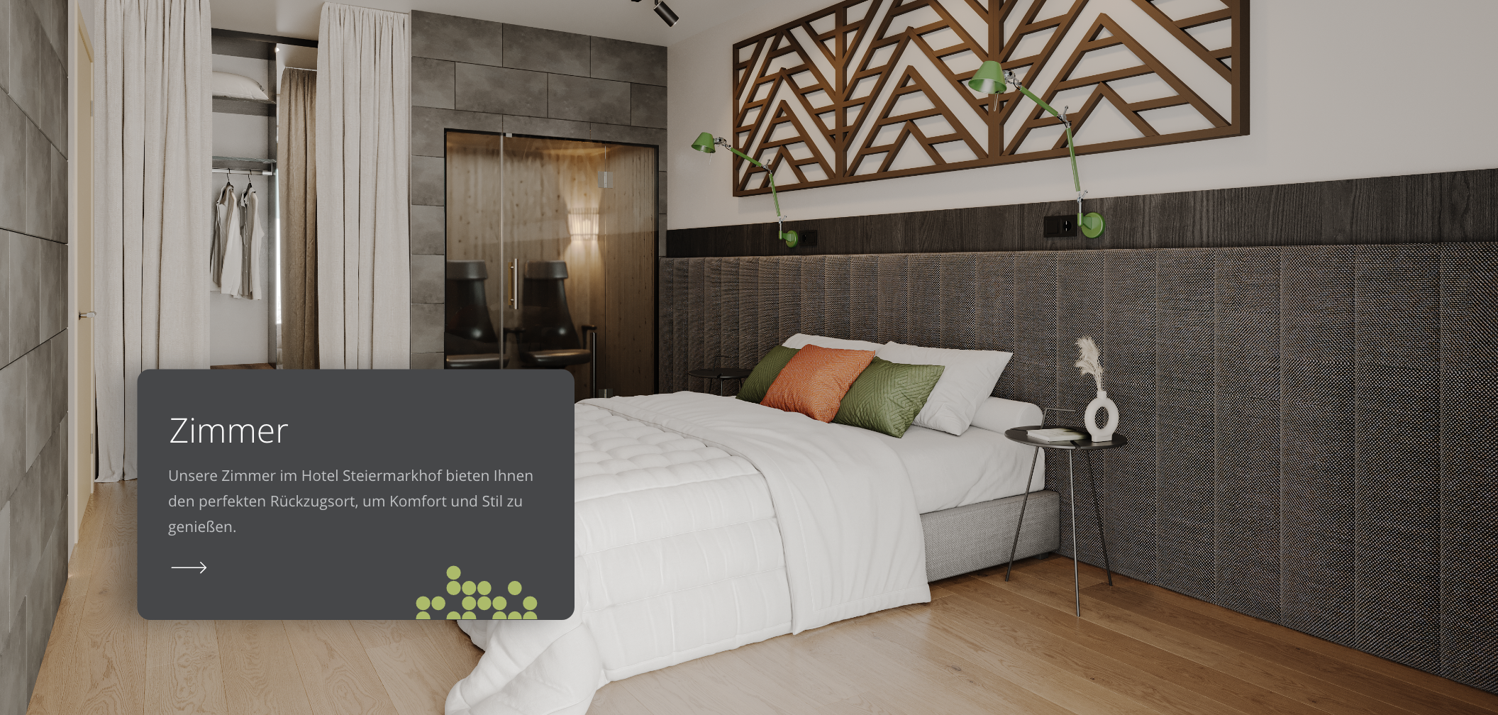 Hotelzimmer des Steiermarkhof Hotels mit Infokästchen zur Beschreibung des Zimmers.