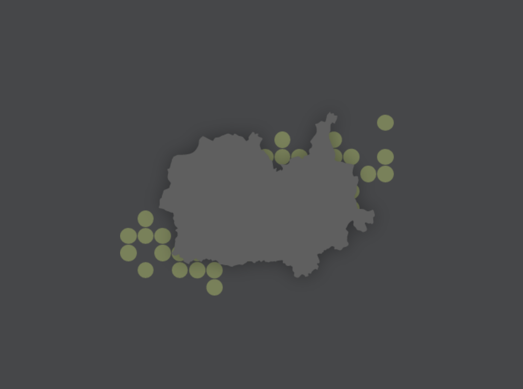 Dunkelgraue, abstrakte Darstellung einer Landkarte mit grünen Markierungspunkten.