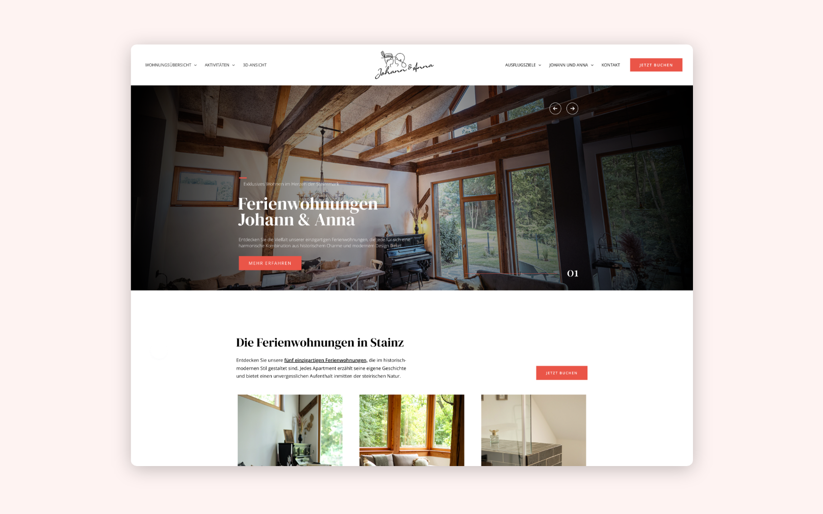 Desktop-Screenshot der Startseite der Johann & Anna – Ferienwohnungen mit Blick auf die Räumlichkeiten.