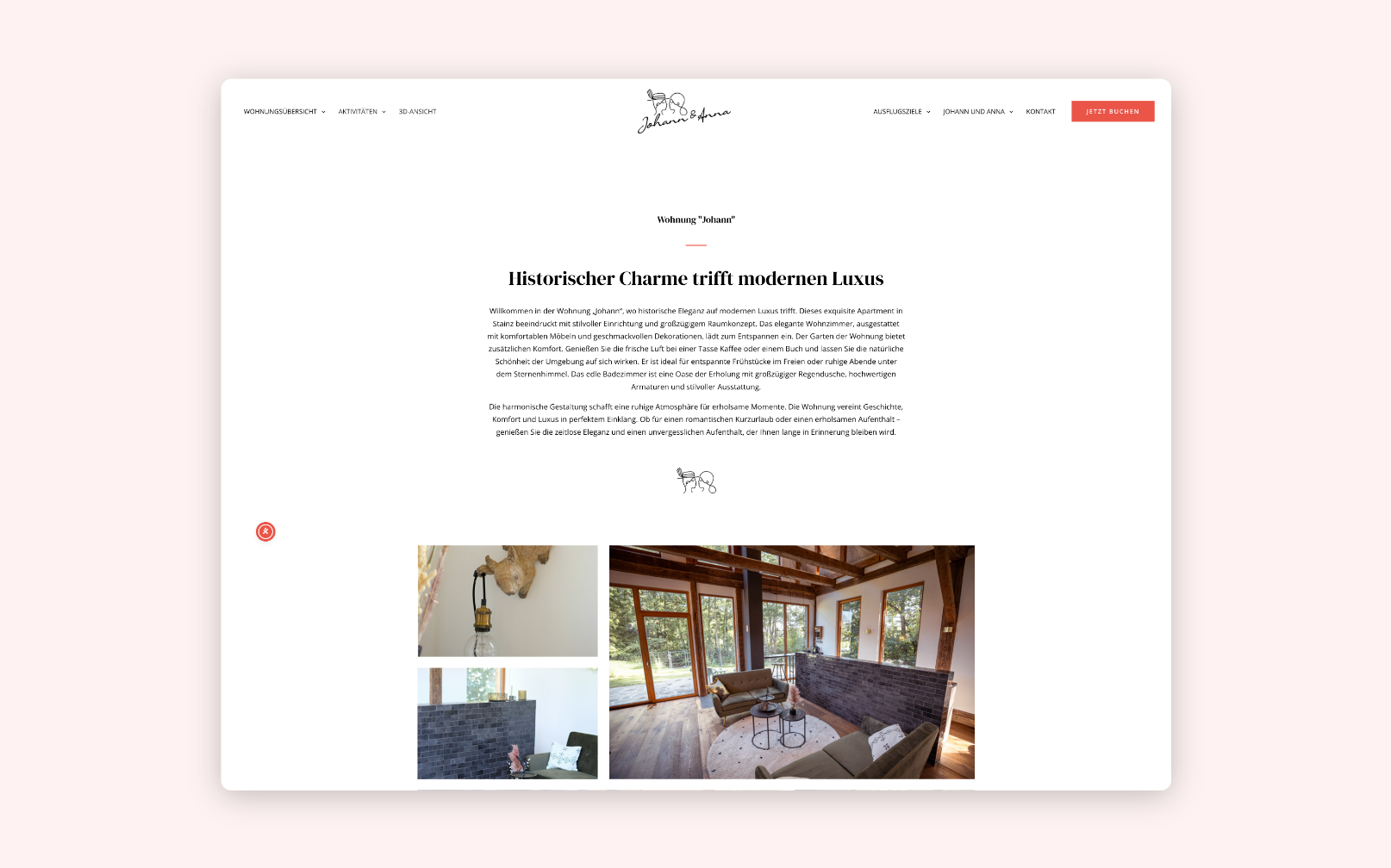 Desktop-Screenshot der Johann & Anna – Ferienwohnungen mit Erklärung der Zimmereinrichtung.
