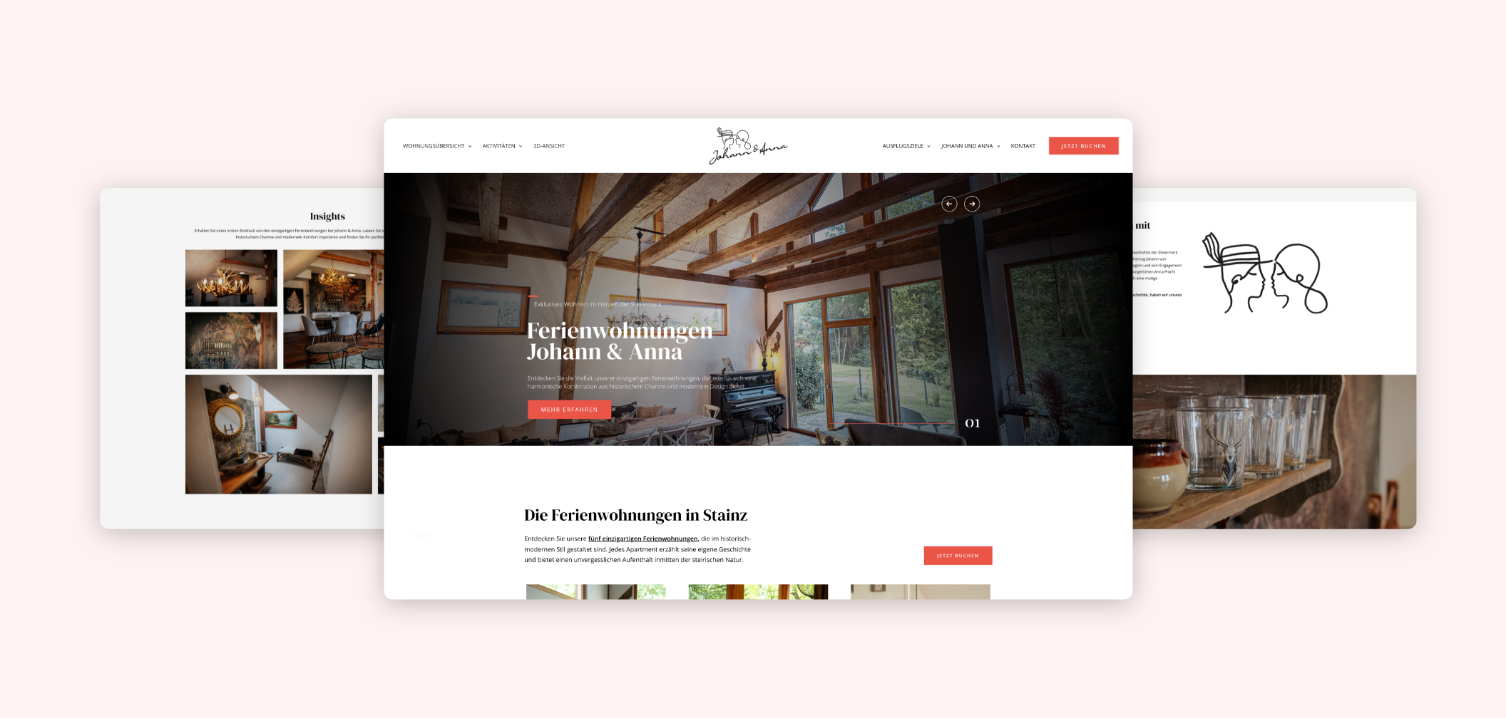 Drei Desktop-Screenshots der Startseite mit Bildern der Einrichtung der Johann & Anna – Ferienwohnungen.