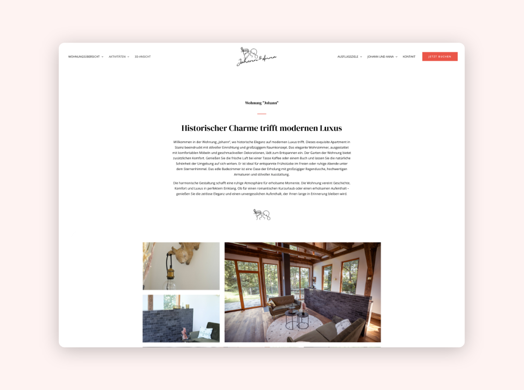 Desktop-Screenshot der Johann & Anna – Ferienwohnungen mit Erklärung der Zimmereinrichtung.