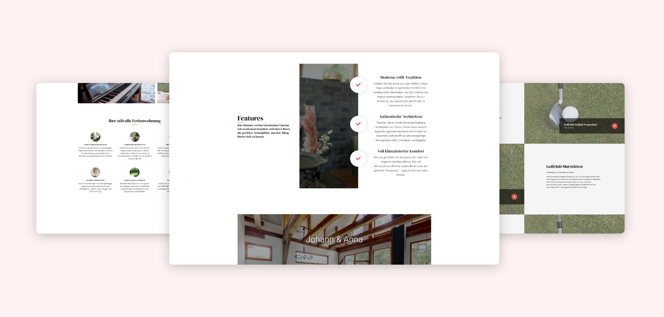 Drei Desktop-Screenshots der Johann & Anna – Ferienwohnungen mit den Vorteilen.