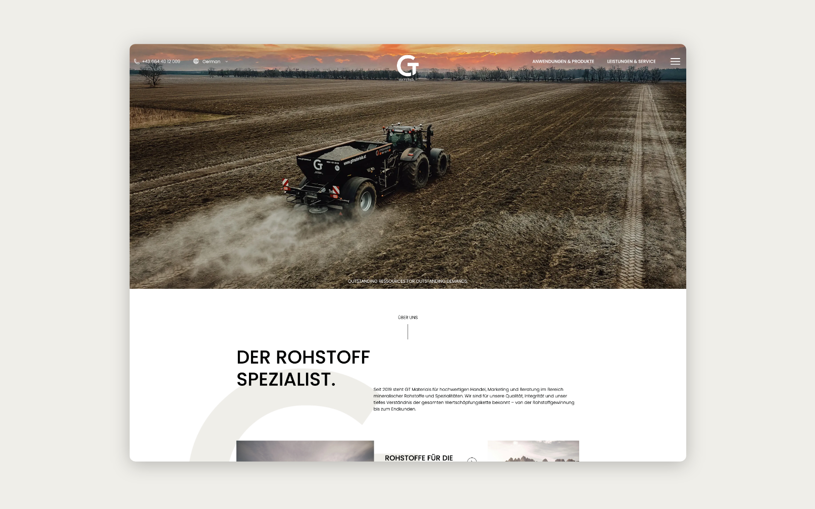 Desktop-Screenshot der Startseite von GT Materials.