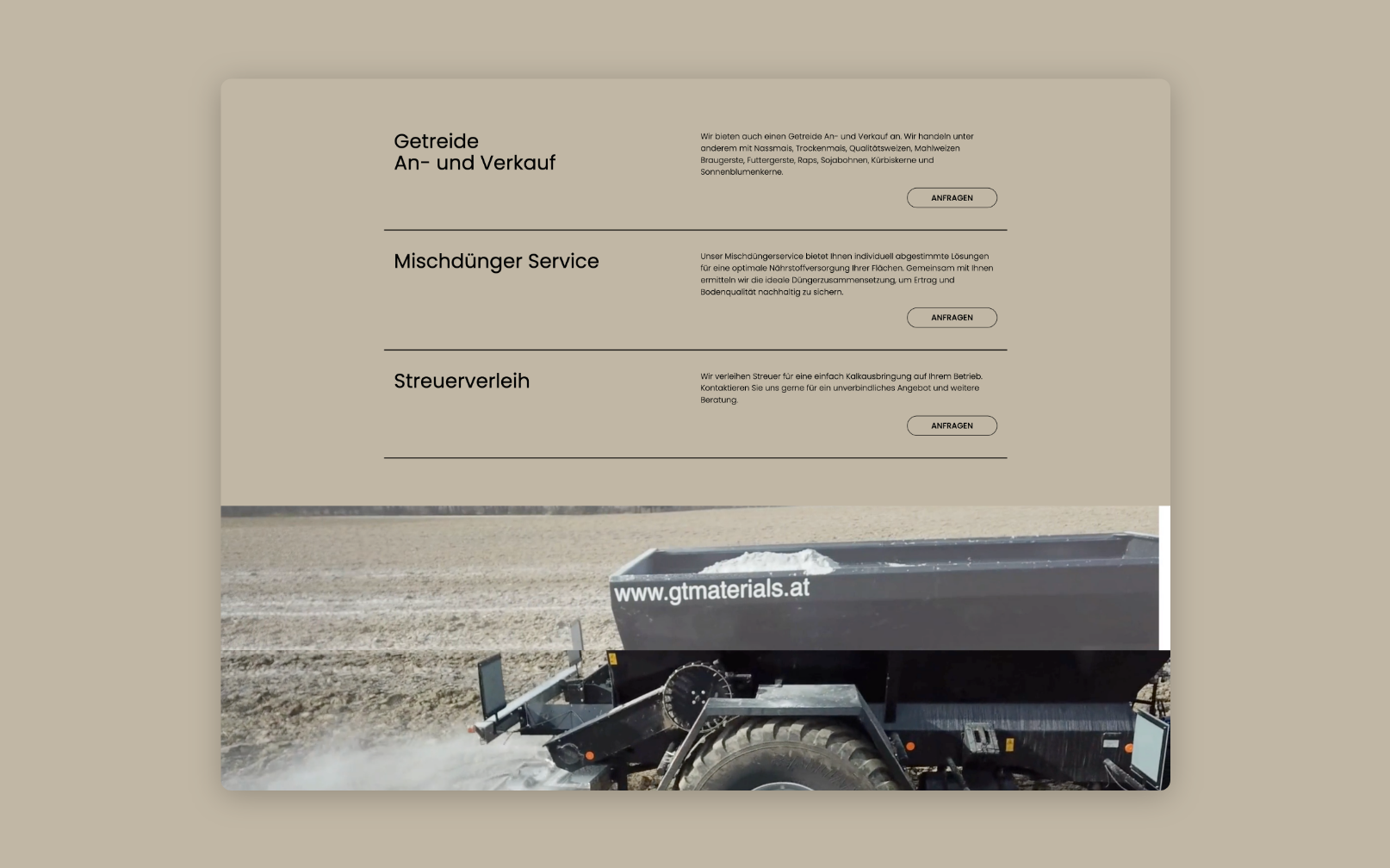 Desktop-Screenshot der Leistungen von GT Materials mit einem Bild eines Anhängers, der über ein Feld fährt.