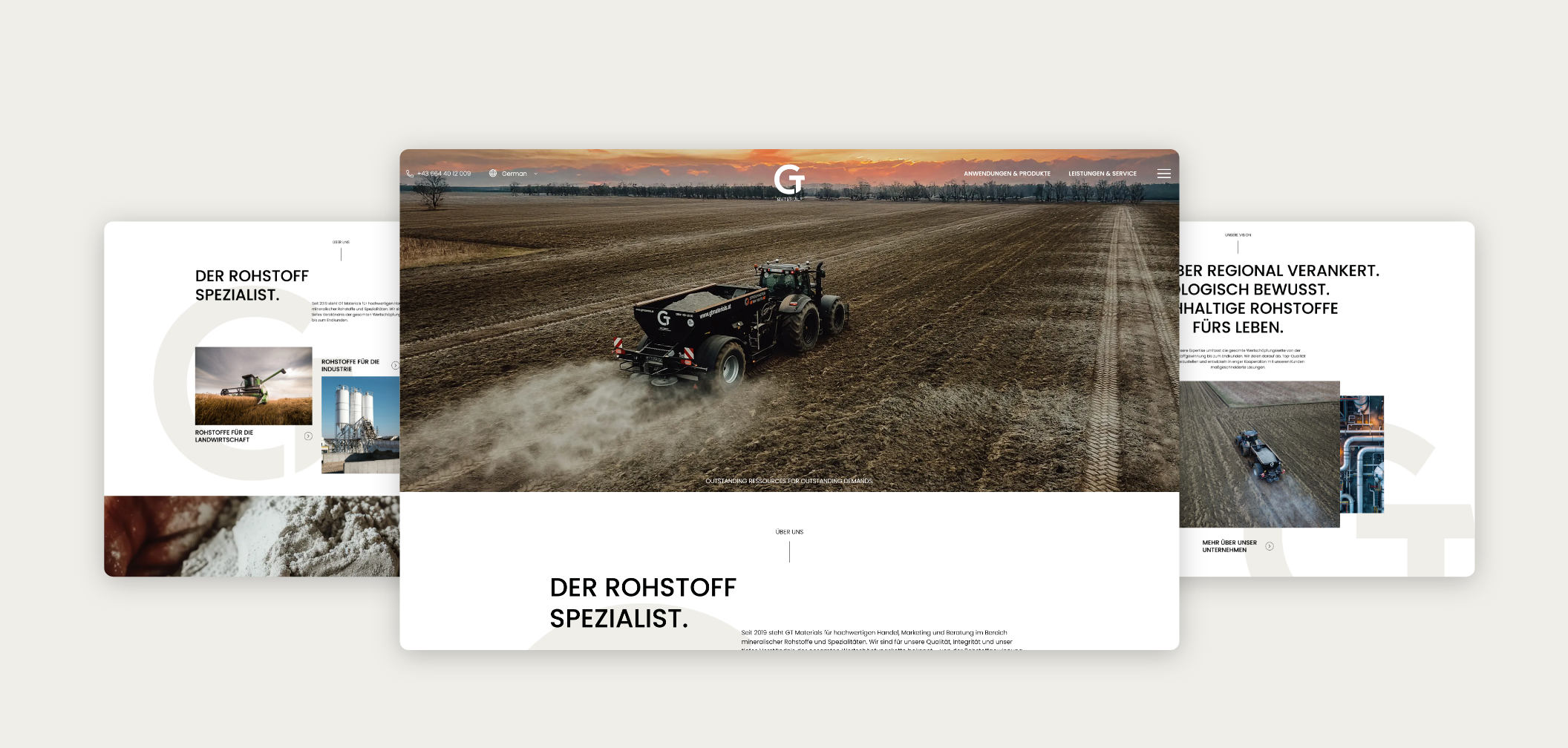 Drei Desktop-Screenshots zu den Leistungen und der „Über uns“-Seite von GT Materials.