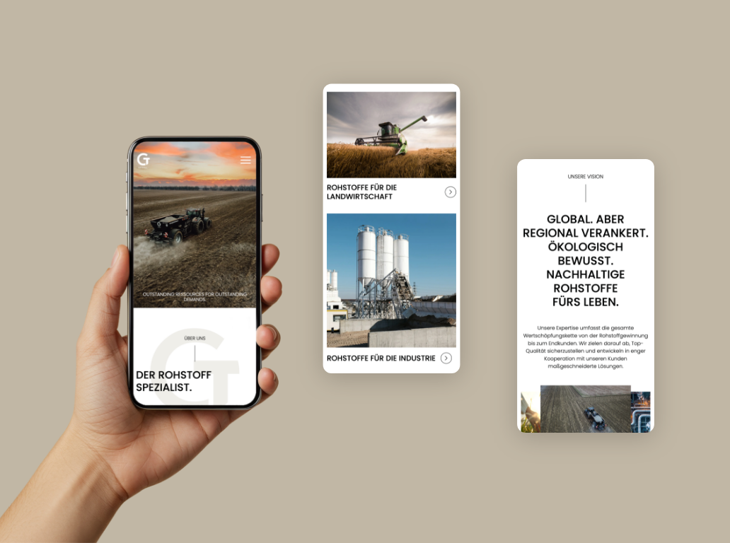 Drei Smartphone-Screenshots der Startseite von GT Materials mit Vorteilen.
