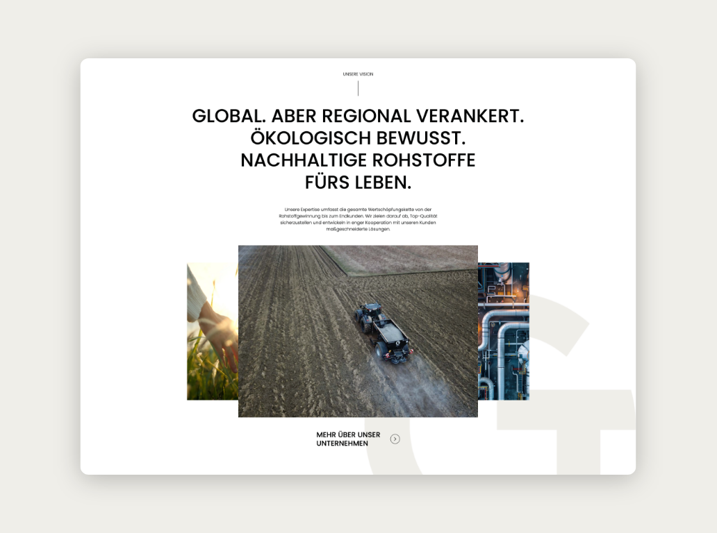 Desktop-Screenshot zum Thema „Global, aber regional verankert“ mit einem Bild eines Traktors.