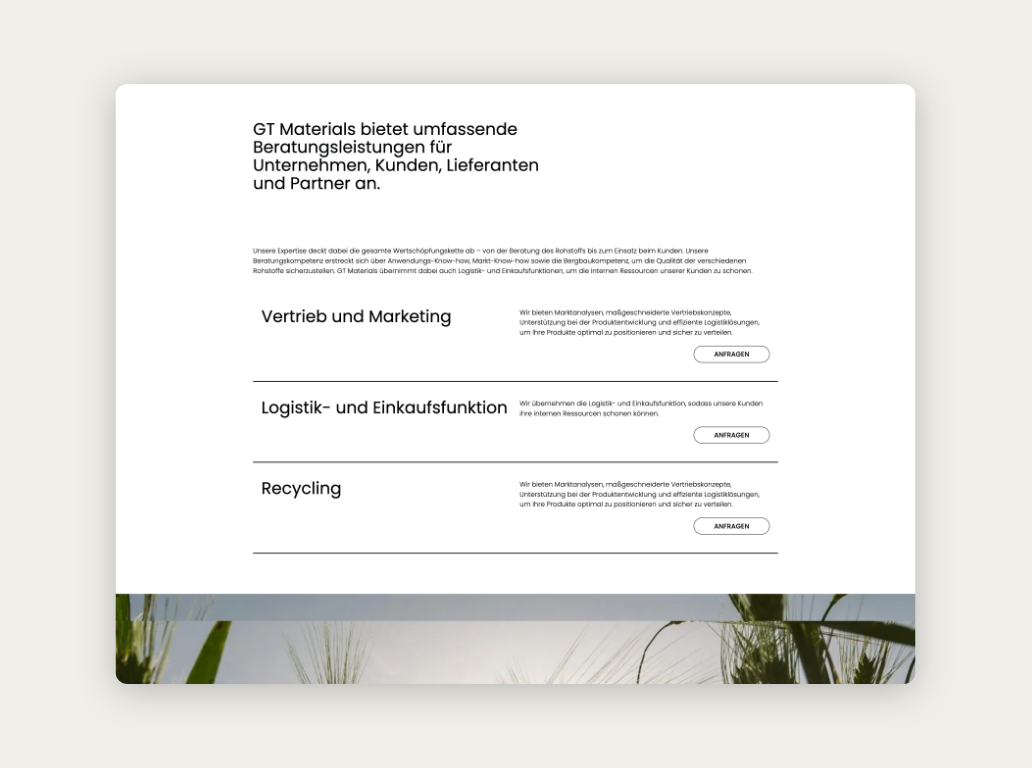 Desktop-Screenshot der Beratungsleistungen von GT Materials.