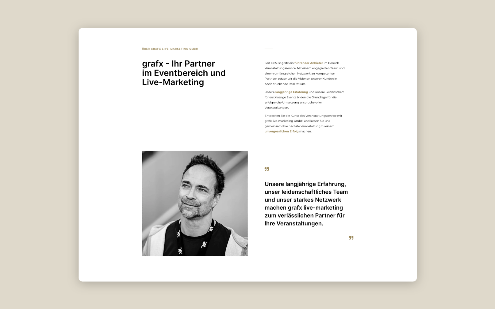 Desktop-Screenshots des „Über uns“-Bereichs mit Erklärung, was Grafx Graz macht.