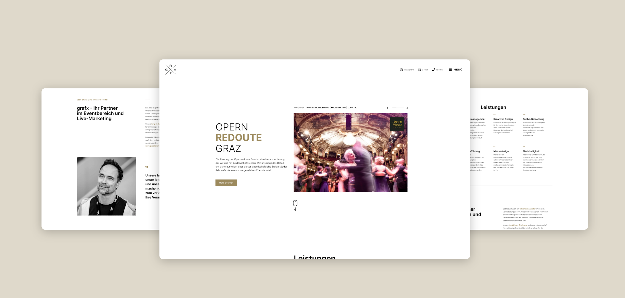 Drei Desktop-Screenshots von Grafx Graz zum Thema Opernredoute Graz und den angebotenen Leistungen.