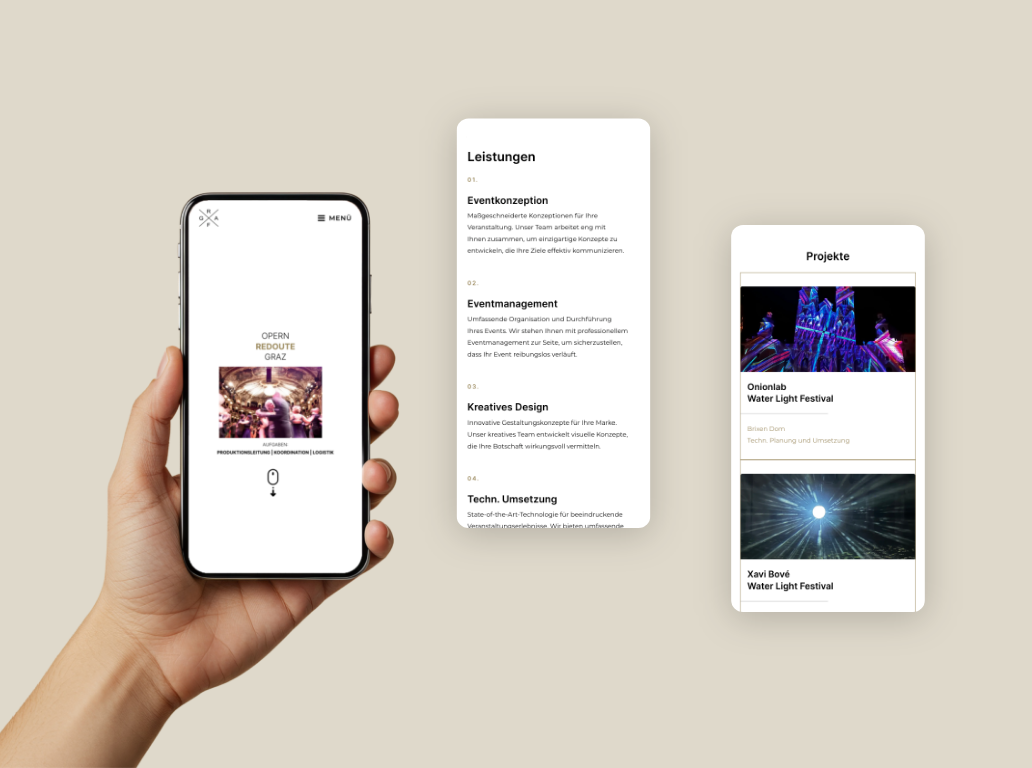 Drei Smartphone-Screenshots der Startseite und Vorteile von Grafx Graz.