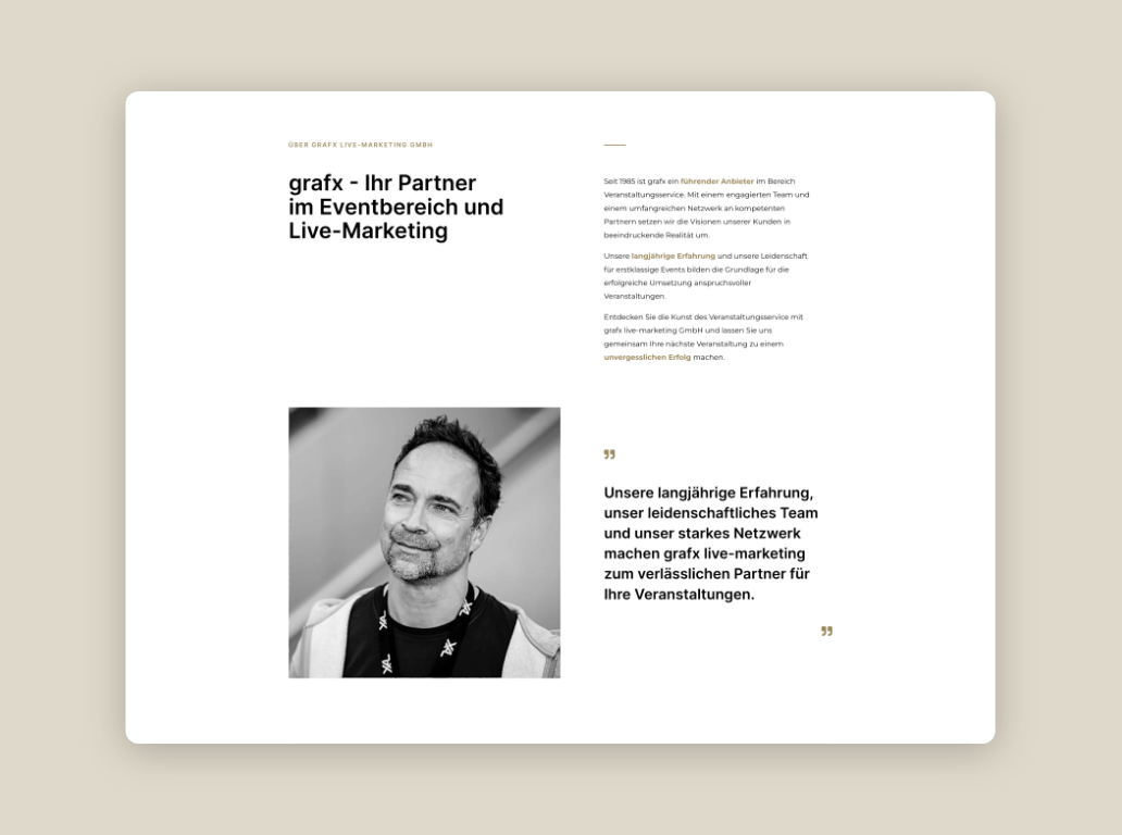 Desktop-Screenshots des „Über uns“-Bereichs mit Erklärung, was Grafx Graz macht.