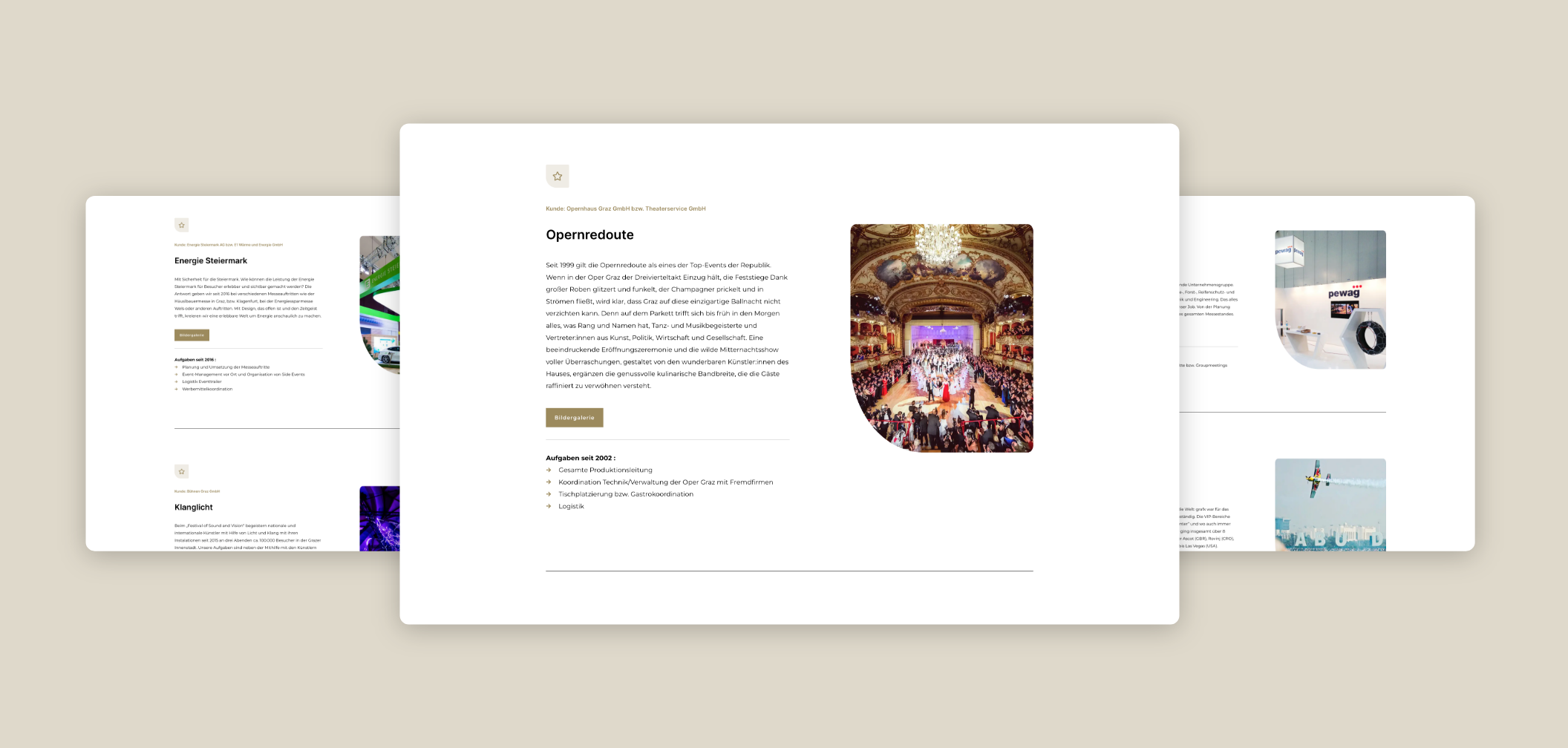 Drei Desktop-Screenshots von Grafx Graz zum Thema Opernredoute Graz und den angebotenen Leistungen.