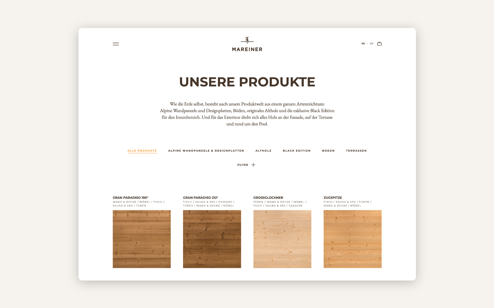 Desktop-Screenshot zu den Holzarten, die Mareiner Holz anbietet.
