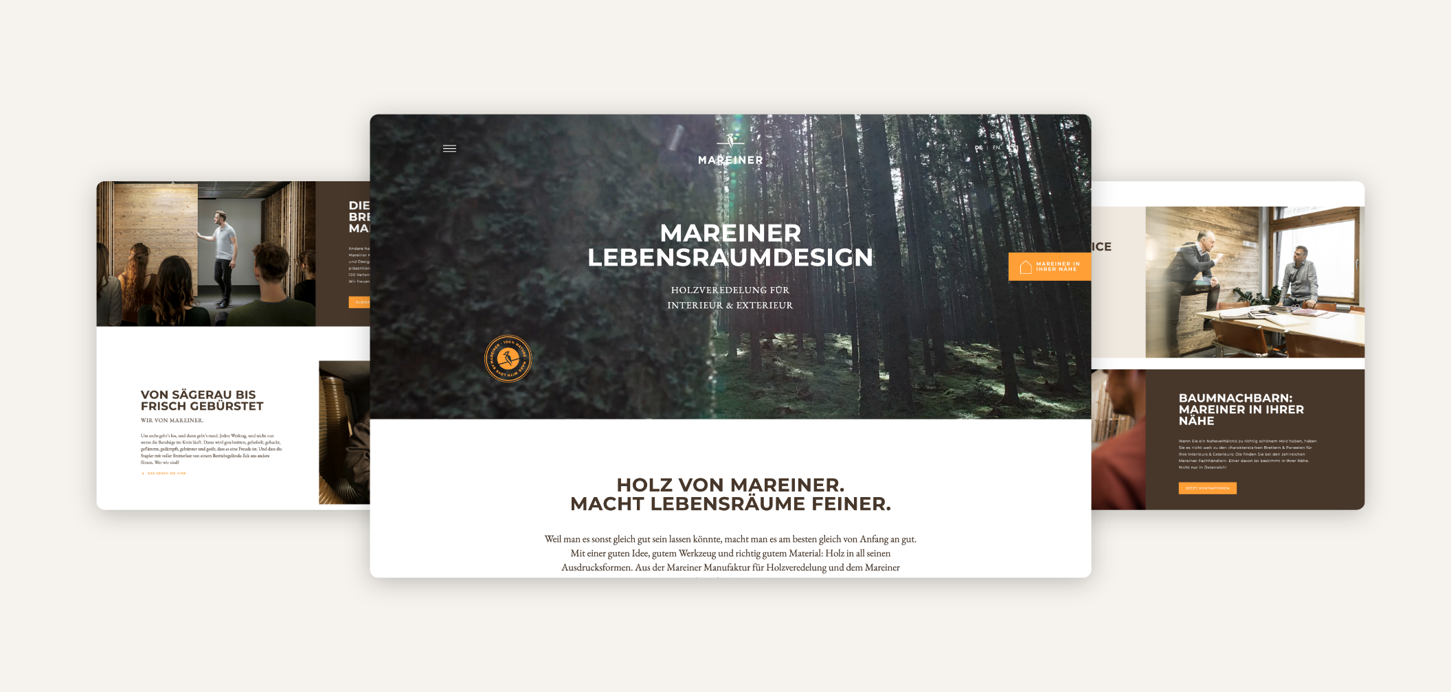 Drei Desktop-Screenshots der Startseite mit einem Waldbild und Vorteilen.