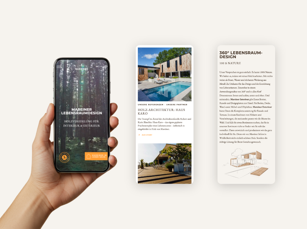 Drei Smartphone-Screenshots der Startseite von Mareiner Holz.