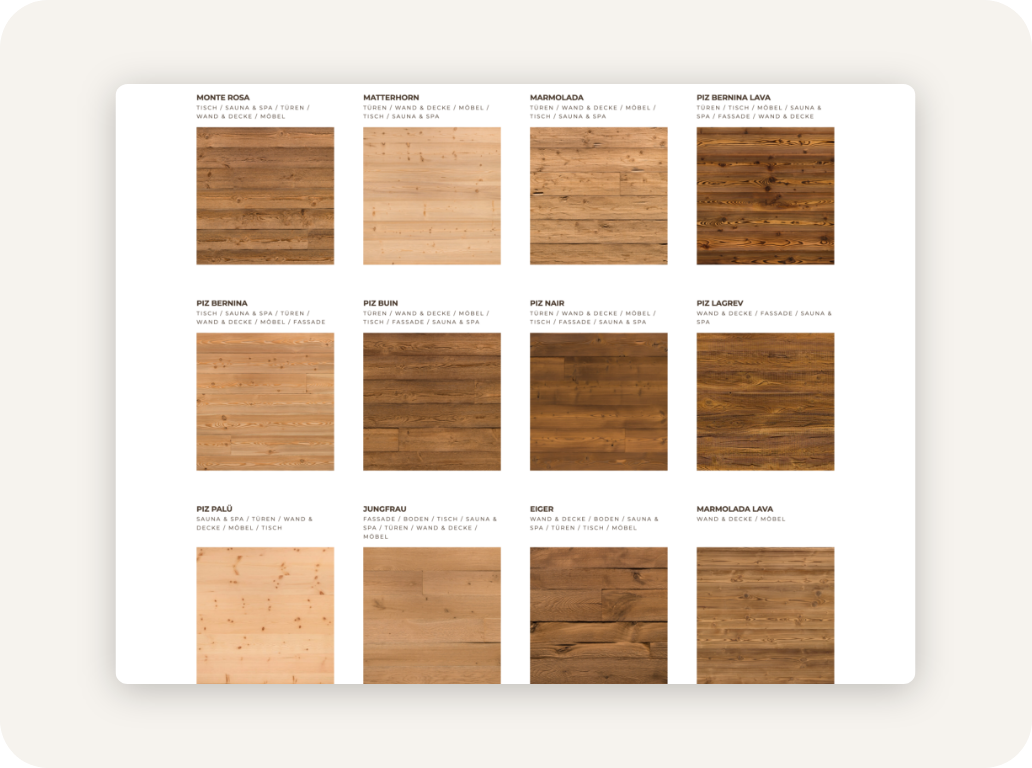 Desktop-Screenshot zu den Holzarten, die Mareiner Holz anbietet.