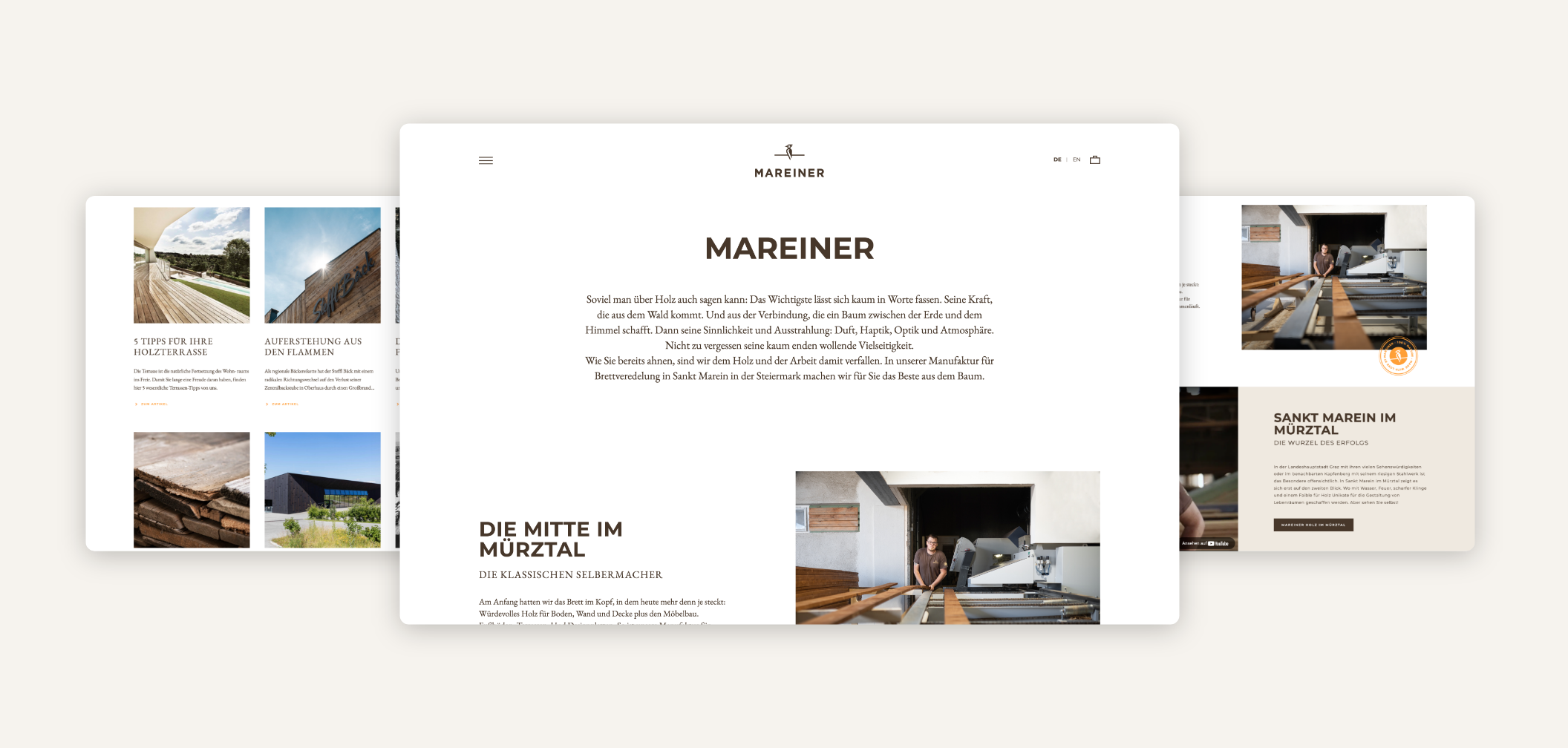 Drei Desktop-Screenshots mit der Erklärung, was Mareiner Holz macht.