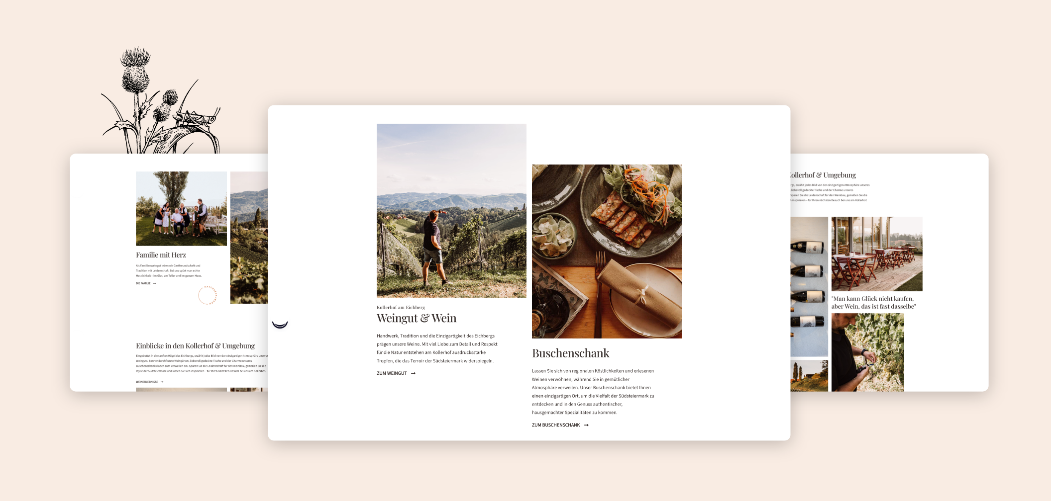 Drei Desktop-Screenshots mit Vorteilen und einer „Über uns“-Seite des Kollerhof am Eichberg.