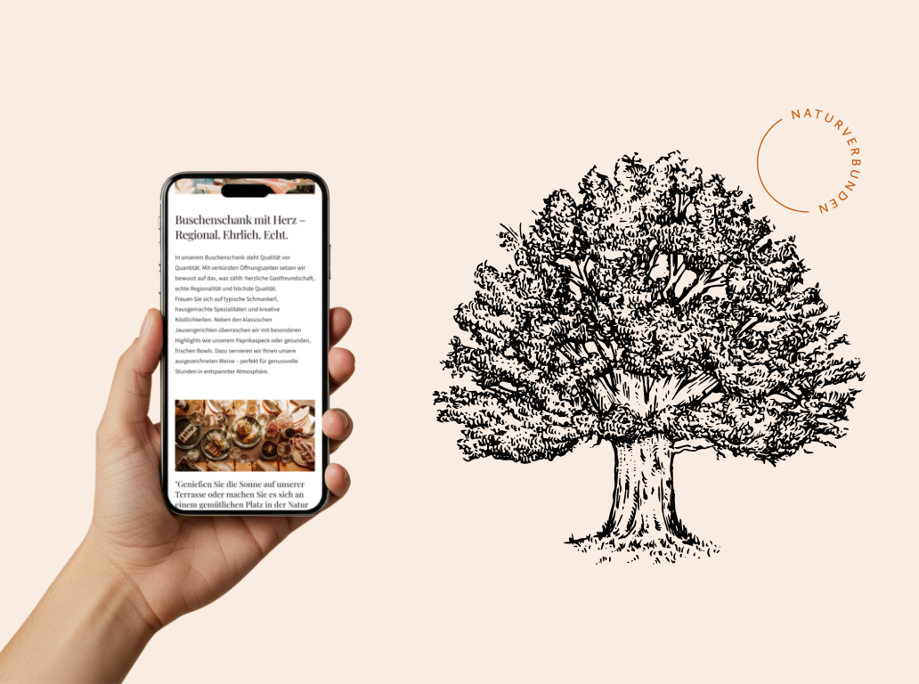 Smartphone-Screenshot der Startseite mit einer schwarz-weißen Baumillustration.