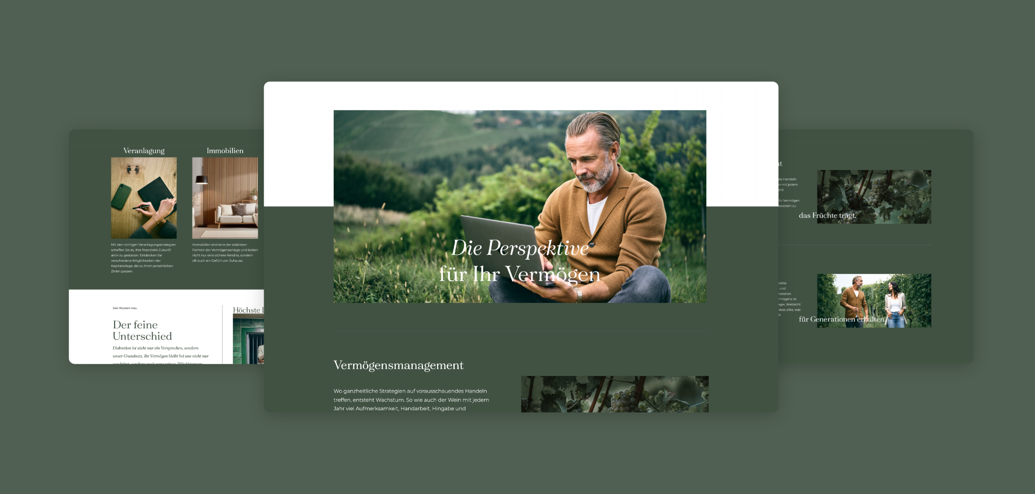 Drei Desktop-Screens mit Mitarbeitern und „Über uns“-Texten.