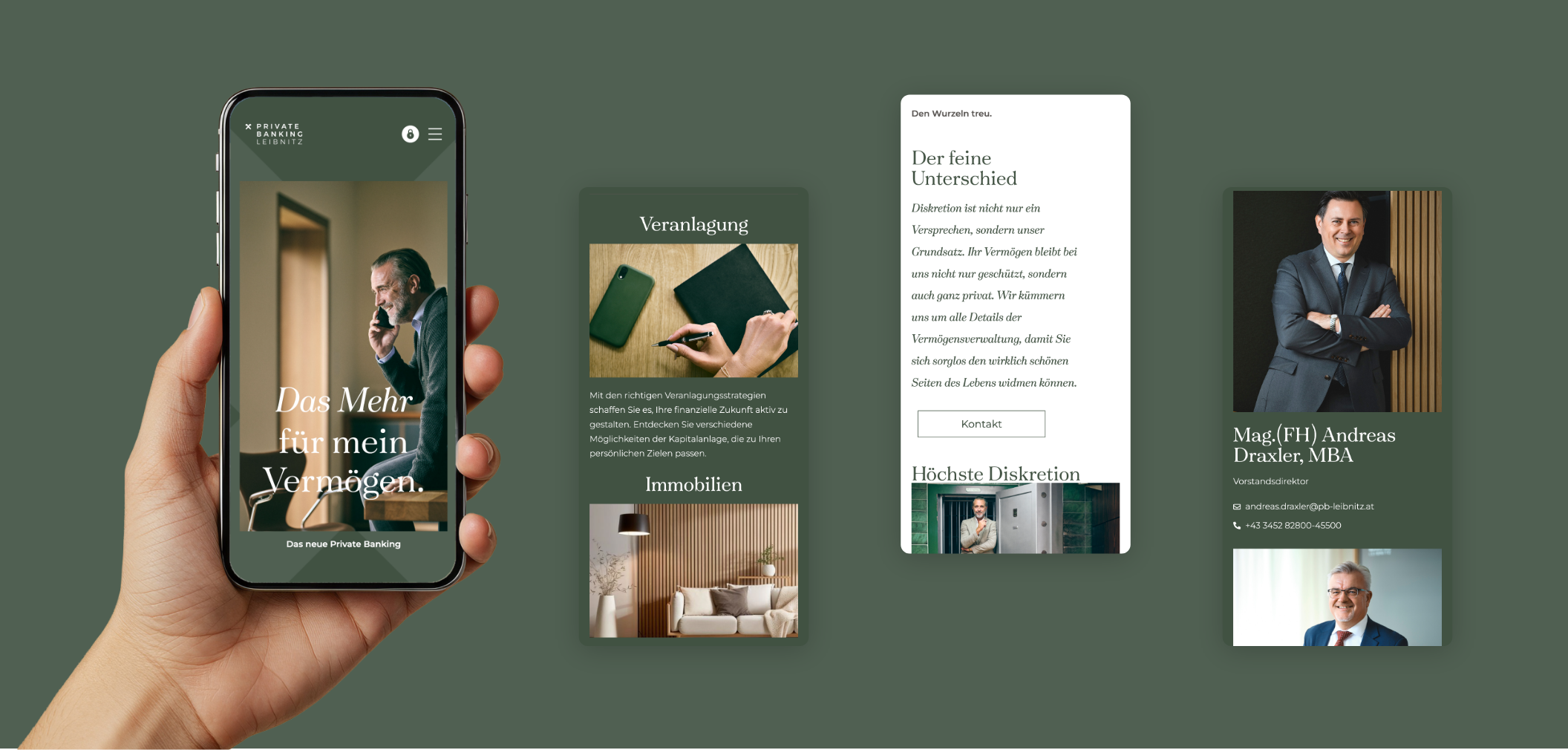 Vier Smartphone-Screens der Startseite mit Teamvorstellung und Vorteilen.
