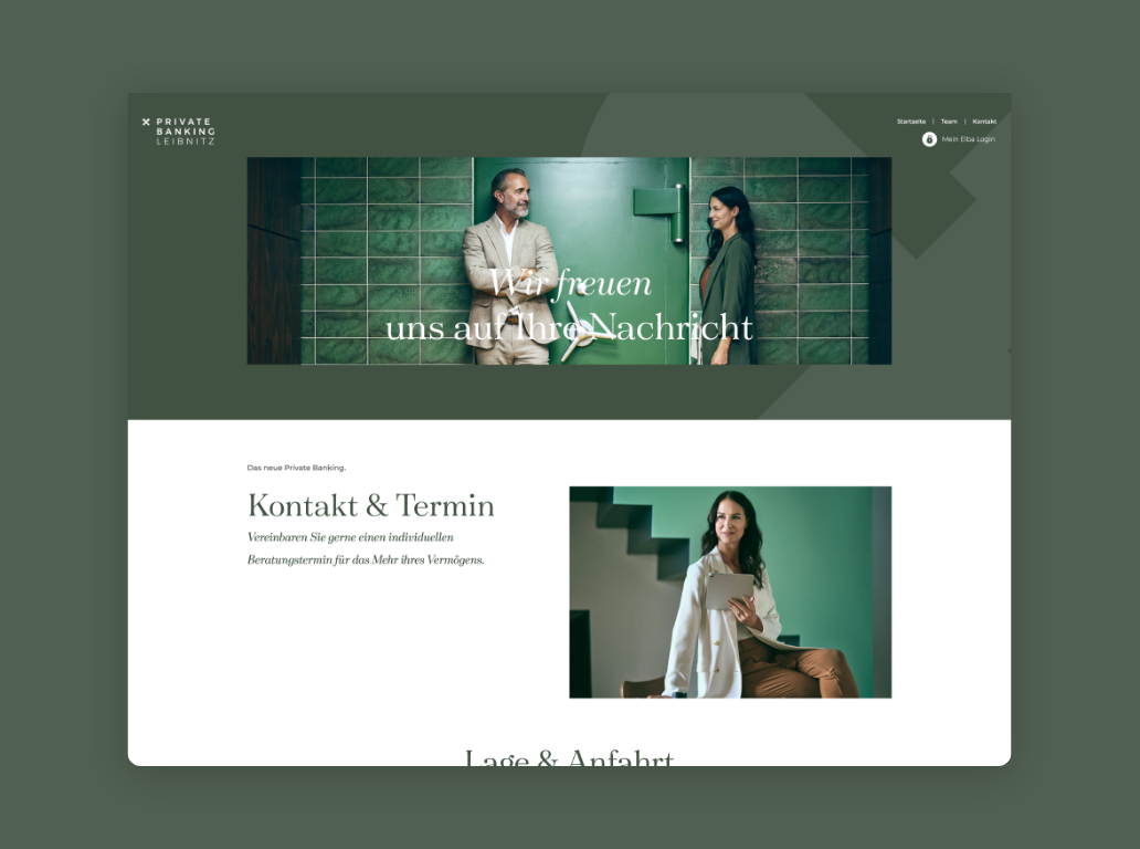 Desktop-Screenshot mit Kontaktinformationen und Terminvereinbarung.