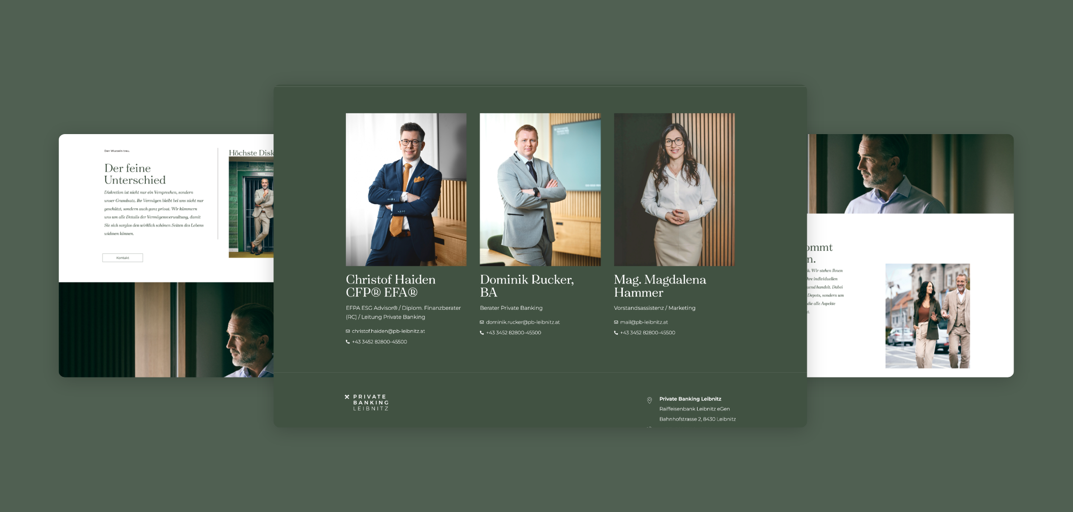 Drei Desktop-Screens des Startseiten-Headers mit den Möglichkeiten von Private Banking Leibnitz