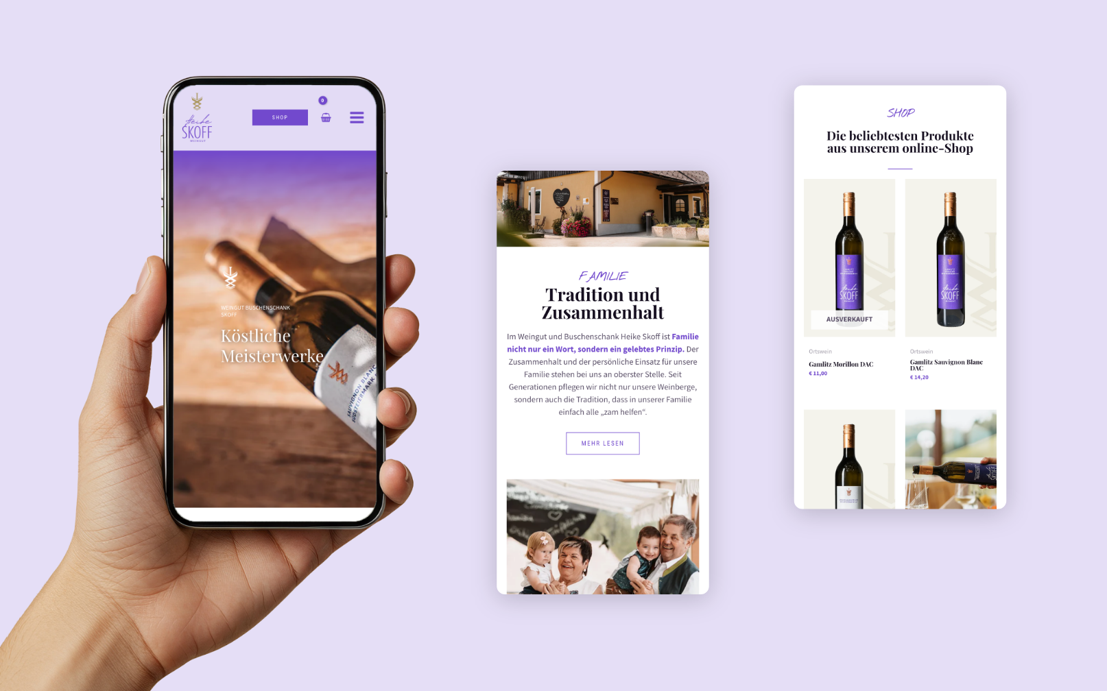 Drei Smartphone-Screens der Startseite und des Onlineshops.