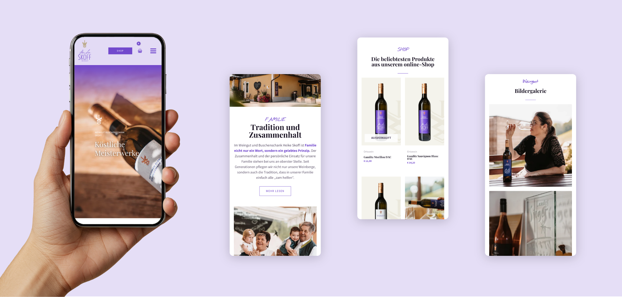 Vier Smartphone-Screens der Startseite und des Onlineshops.