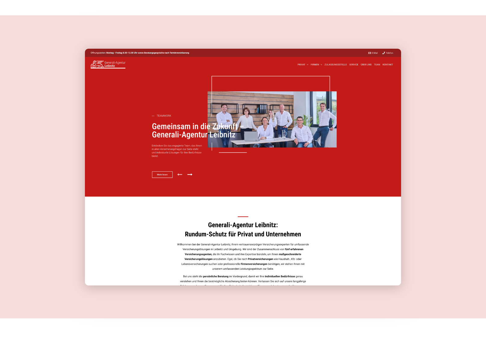 Desktop-Screenshot der Startseite der Versicherung Agentur Leibnitz mit einem Teambild.