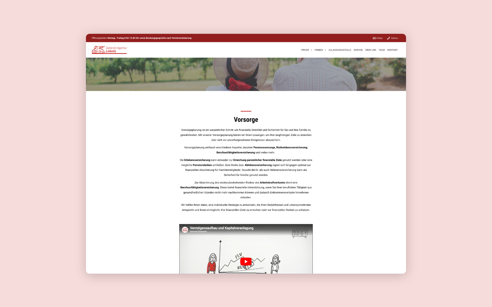 Desktop-Screenshot zum Thema Vorsorge mit eingebundenen Videos.