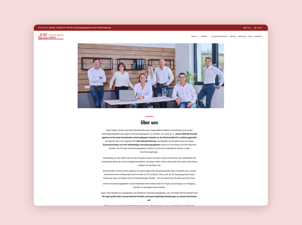 Desktop-Screenshot der „Über uns“-Seite mit dem Team der Versicherung Agentur Leibnitz.