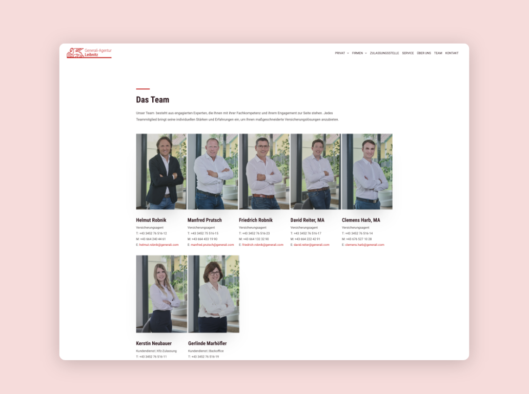 Desktop-Screenshot des Teams der Versicherung Agentur Leibnitz.
