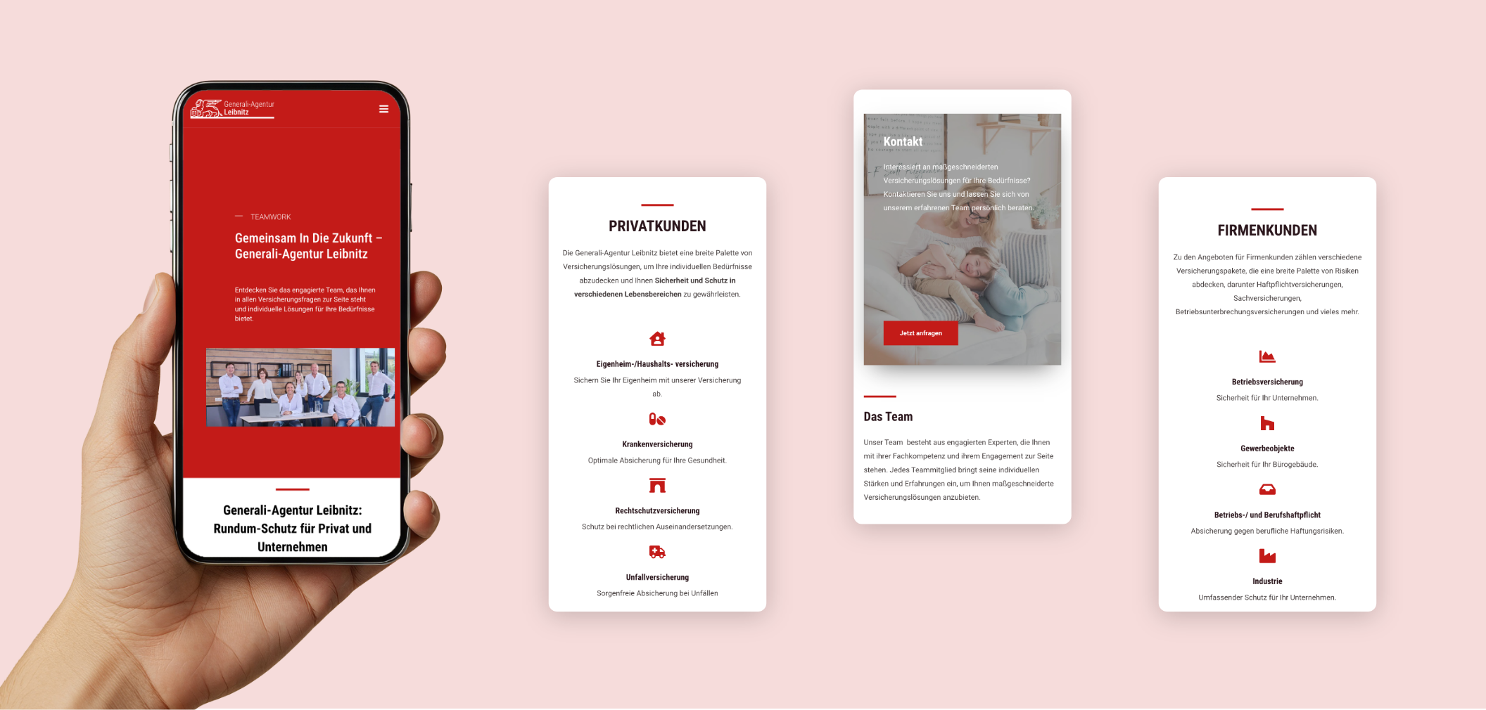Vier Smartphone-Screens der Startseite mit Vorteilen.