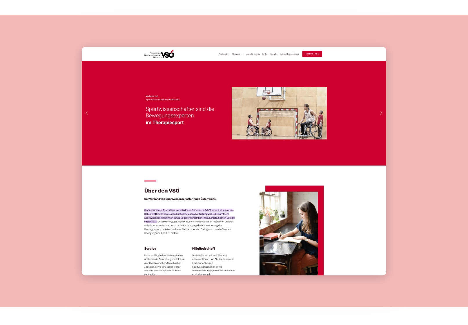 Desktop-Screenshot der Startseite mit Erklärung zum Therapiesport des VSÖ – Sportwissenschaft.