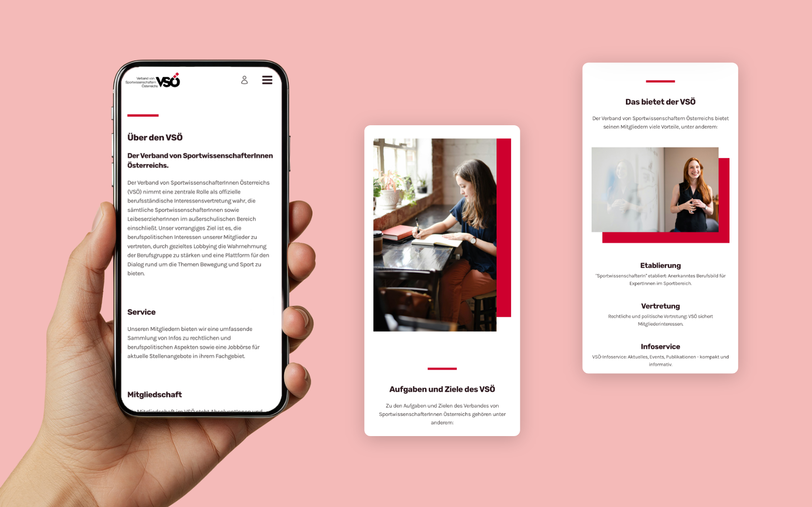 Drei Smartphone-Screens der Startseite mit Vorteilen und Bildern des VSÖ – Sportwissenschaft.
