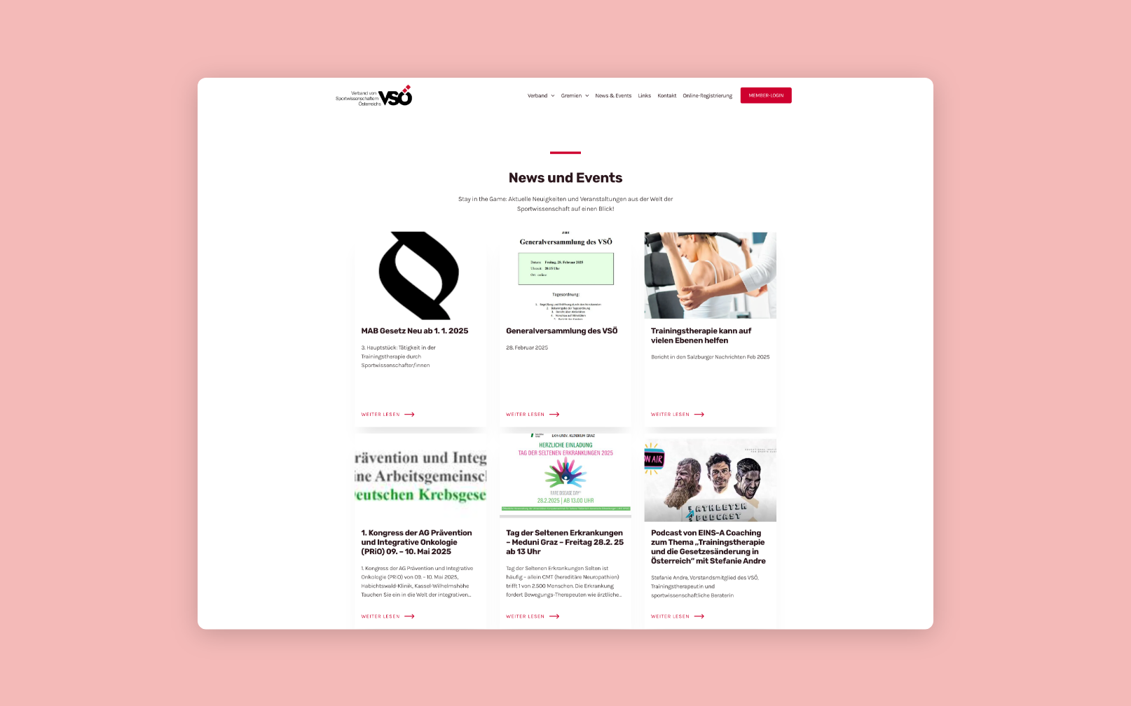 Desktop-Screenshot der News und aktuellen Themen des VSÖ – Sportwissenschaft.